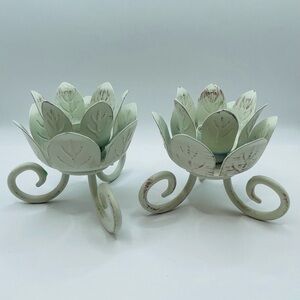 PartyLite White Metal Flower Shaped Taper Candle Holders Set of 2